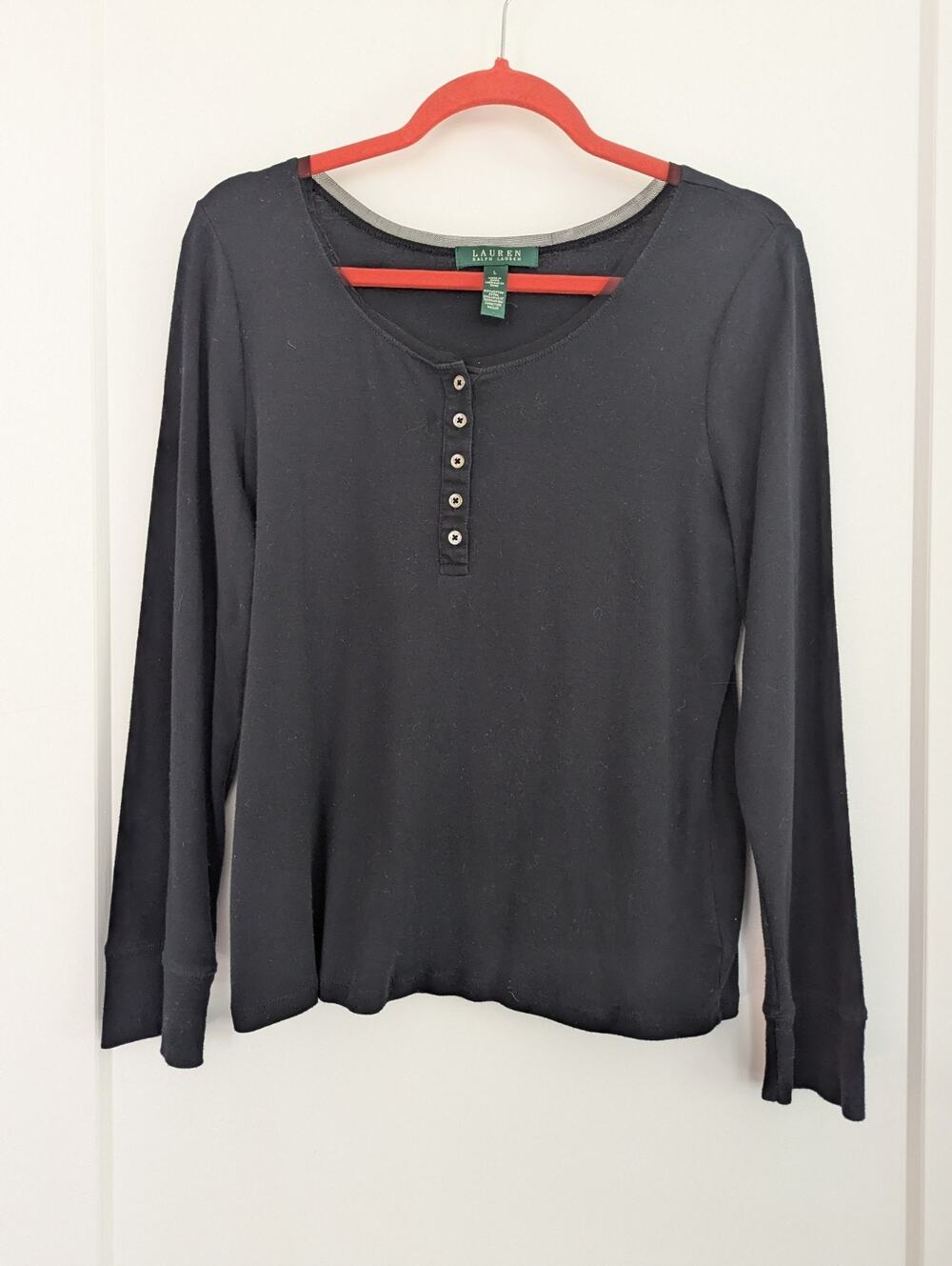 Lauren Ralph Lauren Women's Large Black Henley Top Mesh Trim Neckline Cotton